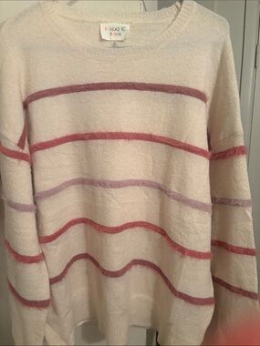Fantastic Fawn Cream Crewneck Sweater with Pink and Mauve Stripes
